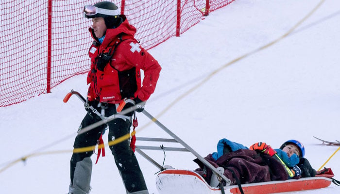 Mikaela Shiffrin of the United States is taken off the course on a sled in the second run of the womens giant slalom at the Stifel Killington Cup alpine skiing race at Killington Resort.— Reuters/File