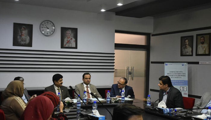 Mayor Karachi Barrister Murtaza Wahab and others attend a provincial consultation organised by Unesco in collaboration with Media Foundation 360 at DHA Suffa University, Karachi on November 26, 2024. — Facebook@dha.suffa