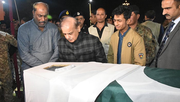 Prime Minister Muhammad Shehbaz Sharif attends funeral of Captain Muhammed Zohaib-ud-Din Shaheed on 1 December 2024. — PID