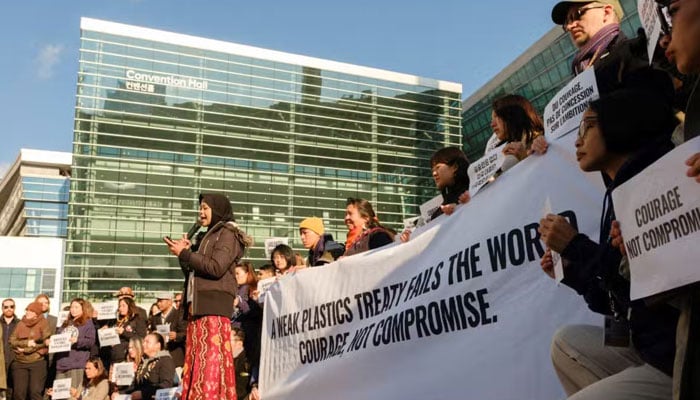 Environmental activists demonstrate in front of the Bexco convention center in Busan on November 29, 2024, where international negotiations on a binding treaty against plastic pollution are being held. — AFP