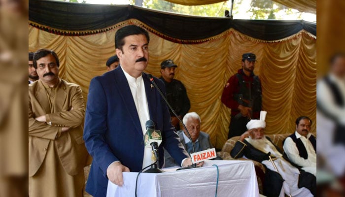 Khyber Pakhtunkhwa Governor Faisal Karim Kundi addresses the grand jirga at the Commissioner’s House in Kohat on December 1, 2024. — Facebook@FaisalKarimKundi