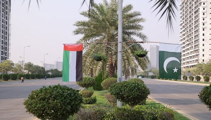 National flags of United Arab Emirates (left) and Pakistan hanging on a pole in BTK Karachi can be seen. —Facebook@bahriatownkarachioff/File