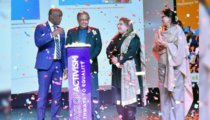 Ministry of Human Rights launches 16 days of VAW (violence against women) at PNCA, Federal Minister for Law and Justice and Human Rights, Azam Nazeer Tarrar (2nd left) and Parliamentary Secretary of Human Rights, Saba Sadiq (2nd left) are present at the launch event on December 2, 2024. — APP