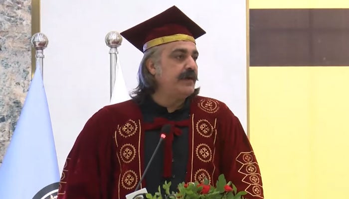 KP Chief Minister Ali Amin Gandapur speaks as a chief guest at the 4th convocation of the Iqra National University on December 3, 2024. — Screengrab via Facebook@AliAminKhanGandapurPti