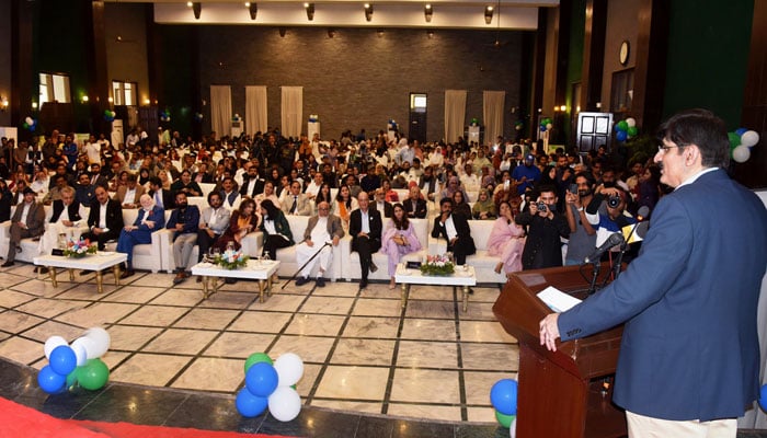 Sindh Chief Minister Syed Murad Ali Shah  speaks at a gathering organised by the DEPD to celebrate the International Day for Persons with Disabilities celebration at CM House on December 3, 2024. — Facebook@SindhCMHouse