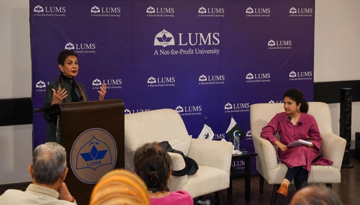 Oncologist, author, and professor at Columbia University  Dr Azra Raza addresses a session at LUMS on November 27, 2024. — Facebook@lahoreuniversityofmanagementsciences