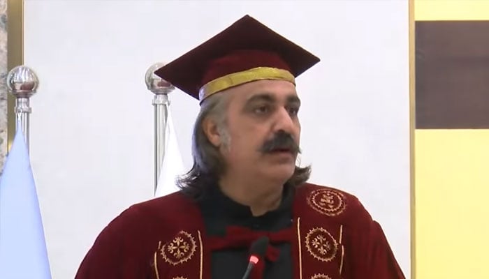 KP Chief Minister Ali Amin Gandapur addressing  as the chief guest at the 4th convocation of the Iqra National University here on December 3, 2024. — Facebook@AliAminKhanGandaporPTI