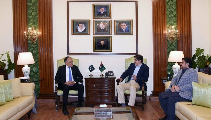 Sindh Chief Minister Syed Murad Ali Shah (Second from left) meets with Federal Minister for Planning, Development, and Special Initiatives Ahsan Iqbal (right) at CM House on December 3rd, 2024.— Facebook@SindhCMHouse