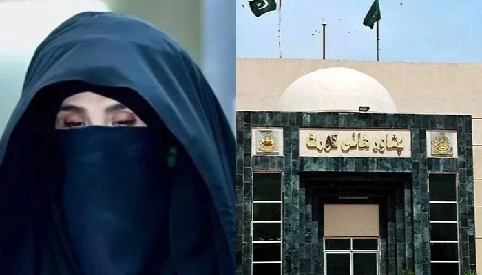 A collage of Bushra Bibi (left) and Peshawar High Court Building. — X@PTIOfficial/APP/File