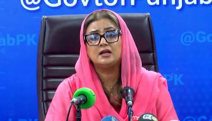 Punjab Information Minister Azma Bokhari  addresses a press conference in Lahore on November 25, 2024. — Screengrab via Geo News