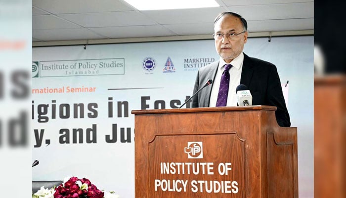 Federal Minister for Planning and Development, Ahsan Iqbal addresses a seminar titled Cultures and Communities: The Role of Religions in Fostering Peace, Harmony, and Justice organised by the IPS on December 4, 2024. — PPI