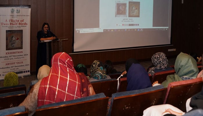 Pakistani-Irish artist Amna Walayat speaks to the audience at PNCA Lecture Hall, Islamabad on December 4, 2024. — Facebook@PNCAOfficial