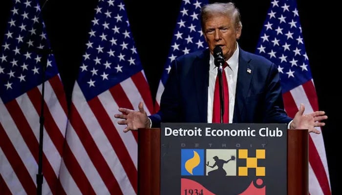 Republican presidential nominee and former US President Donald Trump addresses the Detroit Economic Club in Detroit, Michigan, US, on October 10, 2024. — Reuters