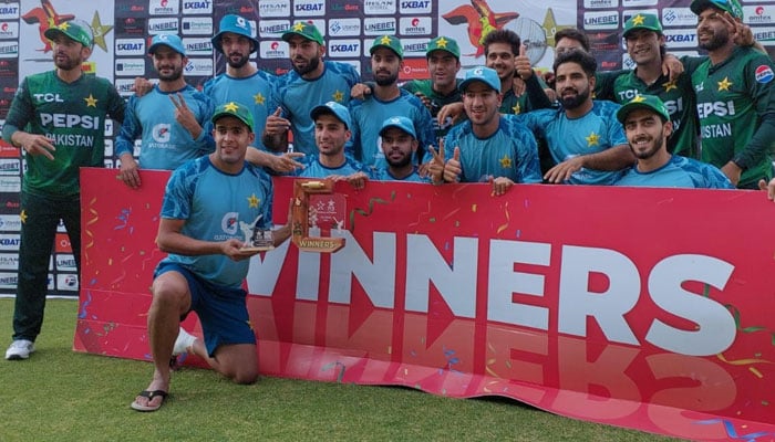 Pakistan team players seen with the trophy after winning the T20 series against Zimbabwe on December 5, 2024. — Facebook@PakistanCricketBoard