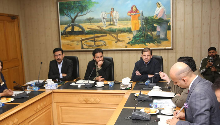 Punjab Minister for Youth Affairs, Labour Malik Faisal Ayub Khokhar (centre) presides over an important meeting regarding the CM Punjab Internship Programme at the National Hockey Stadium on December 5, 2024. — Facebook@mpafaisal161