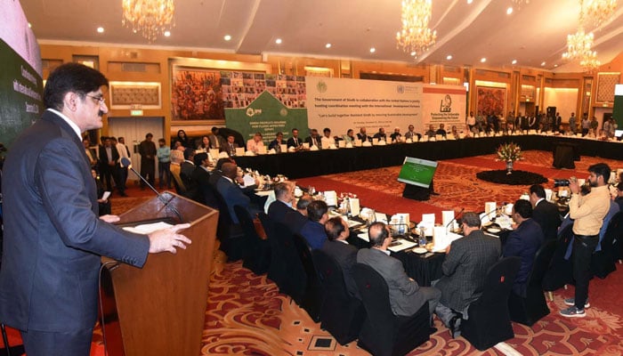 Sindh Chief Minister Syed Murad Ali Shah addresses the Sindh Government and UN-hosted event to Strengthen Collaboration with International Development Partners at a local hotel in Karachi on December 5, 2024. — PPI