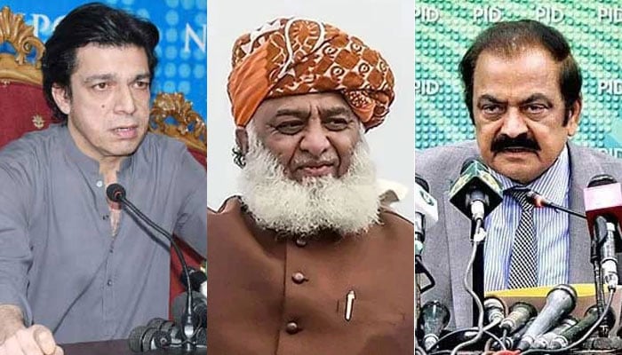 Senator Faisal Vawda (left), Jamiat Ulema-e-Islam-Fazl (JUIF) Chief Maulana Fazlur Rehman (centre) and Rana Sanaullah (right).— Online/AFP/File