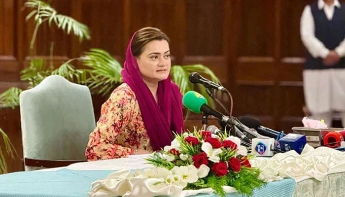 Senior Punjab Minister Marriyum Aurangzeb speaks to media in this image released on August 5, 2024. — Facebook@MarriyumAurangzebPMLN