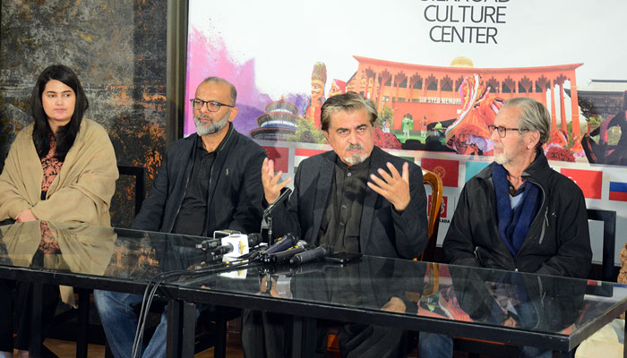 SRCC chairman and noted artist and filmmaker Jamal Shah (2nd right) addresses a press conference to brief about the Grand Launch of Silk Road Culture Centre Pakistan on December 6, 2024. —  INP