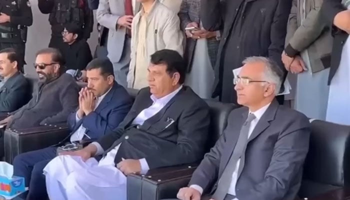 Federal Minister for Kashmir Affairs, Gilgit-Baltistan and States and Frontier Regions Amir Muqam (2nd right) attends the 18th annual Parents’ Day function of the Pakistan Scouts Cadet College Batrasi on December 6, 2024. — Screengrab via Facebook@AmirMuqamAM