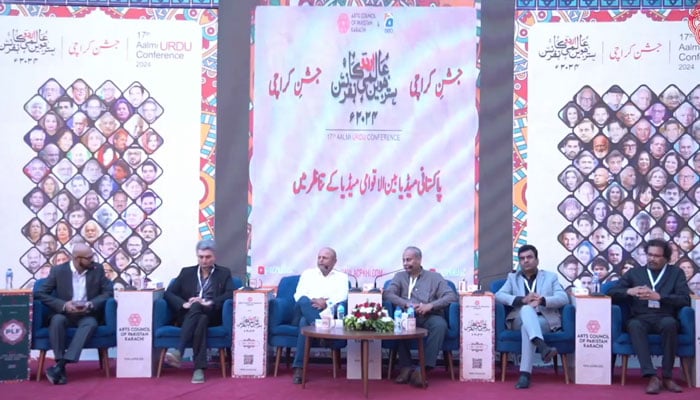 Participants speak a session titled Pakistani Media Bain-ul-Aqwami Media Ke Tanazur Mein” on the second day of the 17th International Urdu Conference on December 6, 2024. — Screengrab via Facebook@ACPKHI