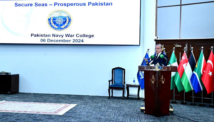 Prime Minister Muhammad Shehbaz Sharif addresses the closing ceremony of the 7th Maritime Security Workshop in Pakistan Navy War College Lahore on December 6 2024.— PID