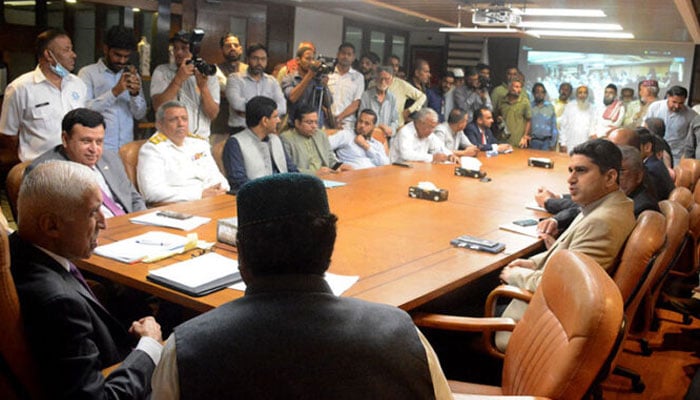 Federal Minister for Maritime Affairs, Qaiser Ahmed Sheikh, chairing a performance review meeting on Saturday December 7, 2025 to evaluate the progress and achievements of major maritime organizations, including the Port Qasim Authority (PQA), Karachi Port Trust (KPT), and Pakistan Marine Academy (PMA). — APP