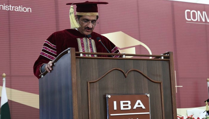 Sindh Chief Minister Syed Murad Ali Shah addressing participants of the IBA Karachi convocation ceremony. — Facebook@ibakhiofficial/File