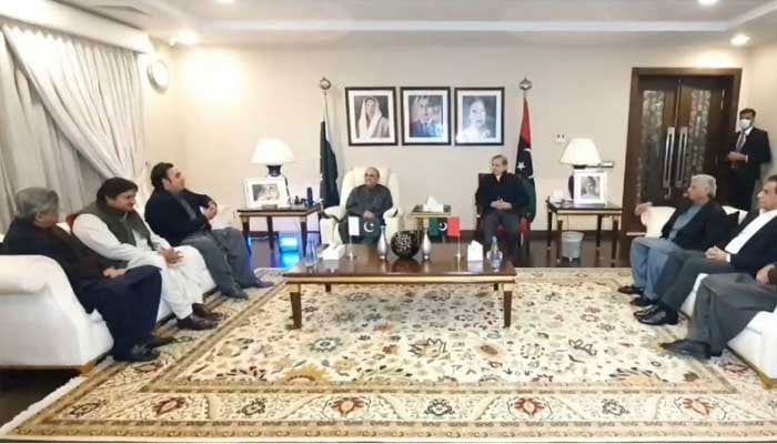 PML-N delagtion meets PPP leaders at Bilawal House in Lahore in this still taken from a video on February 11, 2024. — X@MediaCellPPP