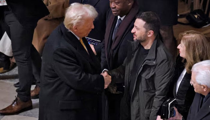 US President-elect Donald Trump (left) shaking hand with Ukrainian President Volodymr Zelenskiy. — Reuters/File