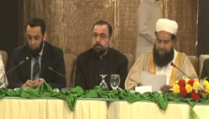 (From left to right) Federal Minister for Information Attaullah Tarar, Religious Affairs Minister Chaudhry Salik Hussain and PUC Chairman Maulana Tahir Ashrafi pictured during an ulema moot in Islamabad on December 9, 2024. — Screengrab via Geo News