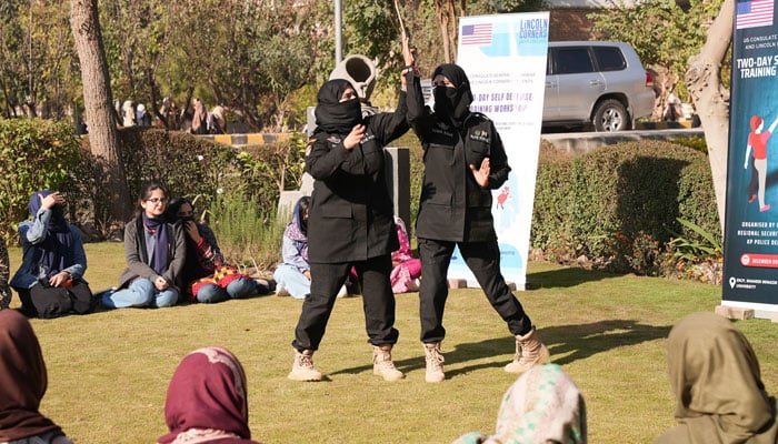 Trainers give self-defence training to female students during two-day self-defence training organised by the US Consulate General in Peshawar in collaboration with the KP Police at  the SBBWU on December 10, 2024. — Facebook@peshawar.usconsulate