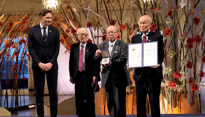 Chairman of the Nobel Committee Jorgen Watne Frydnes and representatives of 2024 Nobel Peace Prize winner Nihon Hidankyo, Terumi Tanaka, Shigemitsu Tanaka and Toshiyuki Mimaki attend the Nobel Peace Prize ceremony in Oslo City Hall, in Oslo, Norway, December 10, 2024. — Reuters