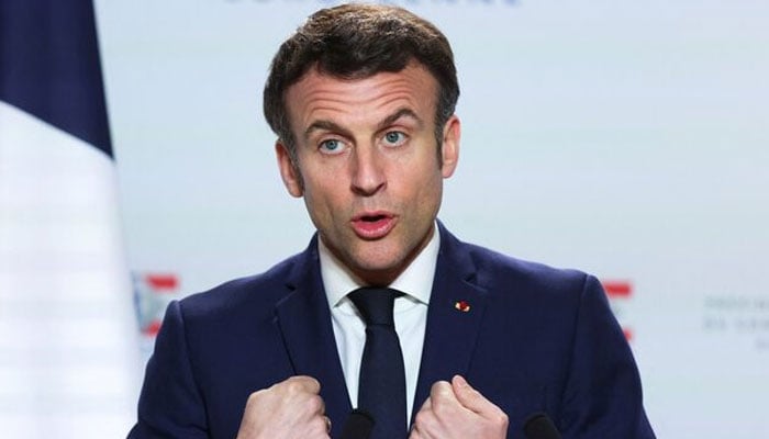 French President Emmanuel Macron gestures as he speaks to the media after European Union leaders summit, amid Russias invasion of Ukraine, in Brussels, Belgium, March 25, 2022. — Reuters