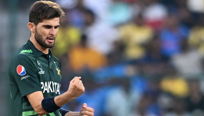 Pakistan´s Shaheen Shah Afridi celebrates after taking the wicket of Australia´s Marcus Stoinis during the 2023 ICC Men´s Cricket World Cup one-day between Australia and Pakistan at the M. Chinnaswamy Stadium in Bengaluru on October 20, 2023. — AFP