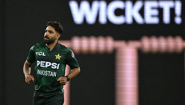 Pakistans Haris Rauf reacts after dismissing an Australian batter during the second T20I match between Australia and Pakistan at the Sydney Cricket Ground (SCG) in Sydney on November 16, 2024. — AFP