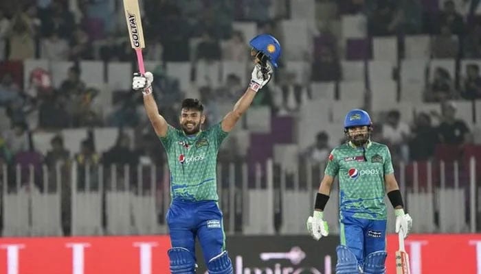 Multan Sultans Usman Khan (left) celebrates during the 28th match of the Pakistan Super League (PSL) at the Pindi Cricket Stadium in Rawalpindi on March 11, 2023. — X@MultanSultans