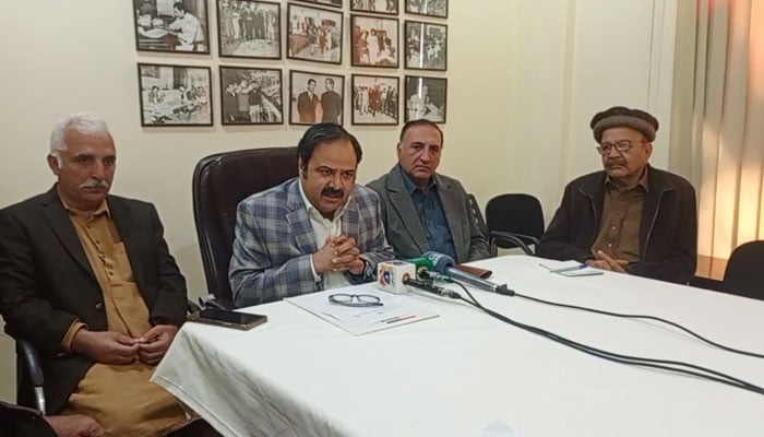 Qaumi Watan Party (QWP) provincial Chairman Sikandar Hayat Khan Sherpao (2nd left) speaking at a press conference at Watan Kor On December 11, 2024. — Screengrab via Facebook@SikandarSherpao.official