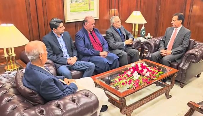 Speaker of National Assembly Sardar Ayaz Sadiq (right) in a meeting with Pakistan People’s Party (PPP) and PML-N leaders on December 11, 2024. — Screengrab via Facebook@NationalAssemblyOfPakistan