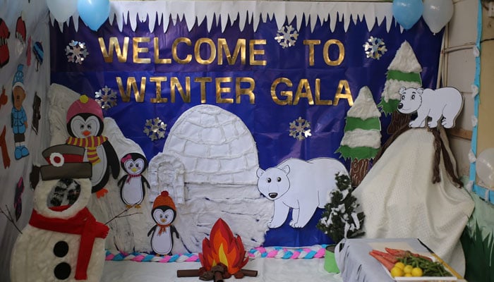 This representational image shows a stage decorated for the Winter Fun Gala at a school. — Facebook@sirsyedschoolingsystem/File