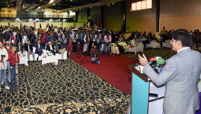 Sindh Chief Minister Syed Murad Ali Shah speaks at the inaugural ceremony of the 19th Karachi International Book Fair at the Expo Centre on December 12, 2024. — Facebook@SindhCMHouse