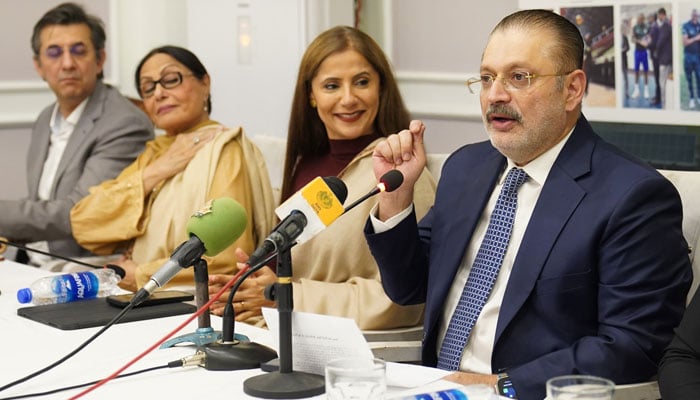 Sindh Senior Minister Sharjeel Inam Memon addresses the Sindh Investment Conference at a hotel in Karachi on December 2, 2024. — Facebook@SharjeelInamMemon63