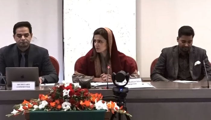 Chairperson of the Standing Committee of the National Assembly (NA) on Foreign Affairs Hina Rabbani Khar presides over a meeting at Parliament House on December 12, 2024. — Screengrab via Facebook@NationalAssemblyOfPakistan