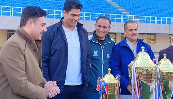 Olympic Gold medalist Arshad Nadeem during the unveiling ceremony of the Quaid-e-Azam Inter-Provincial Games trophy on December 13, 2024. — Facebook@PakistanSportsBoard