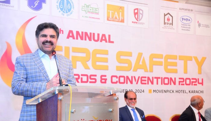 Sindh Minister for Planning & Development and Energy Minister Syed Nasir Hussain Shah speaks at the 14th Fire Safety & Security Convention-2024 organised by the NFEH on December 13, 2024. — Facebook@SNasirHussainshah