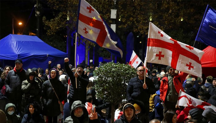 Supporters of Georgias opposition parties hold a rally to protest against the results of a parliamentary election, which the opposition say were rigged, on the eve of the new parliaments first session in Tbilisi, Georgia November 24, 2024. — Reuters