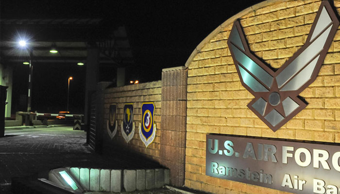 The entrance to the US militarys Ramstein Air Base in Germany. — AFP/File