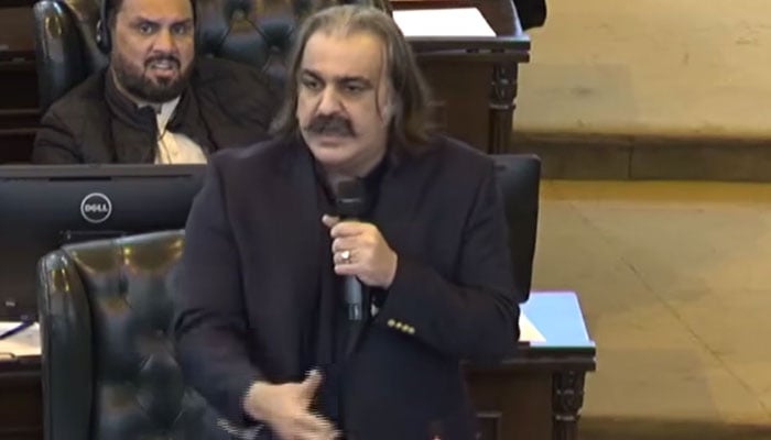 Khyber Pakhtunkhwa Chief Minister Ali Amin Gandapur addressing session of KP Assembly, Peshawar, October 8, 2024. — Screengrab via Geo News