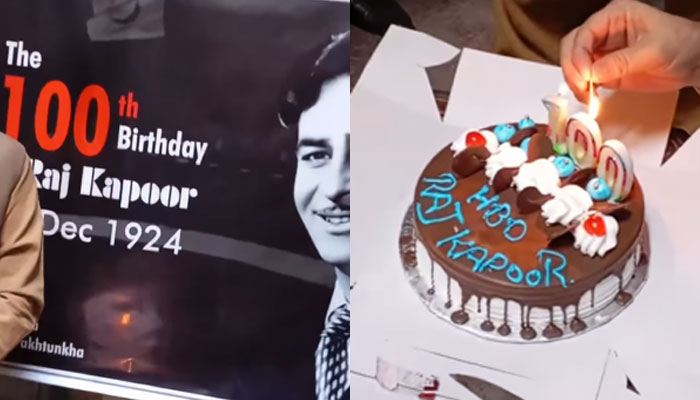 A banner is seen of celebrations of Raj Kapoors 100th birthday (left) and a person lighting candles on a cake on the occasion on December 14, 2024.  — Facebook@SafiSarhadi