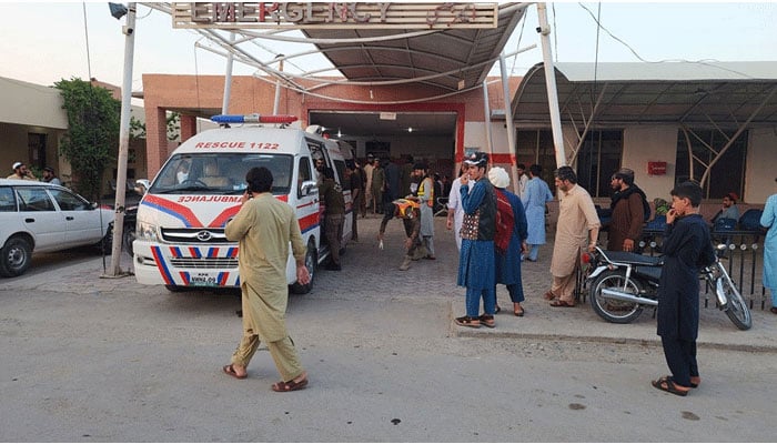 In this picture, people can be seen outside the hospital on July 1, 2023. — Facebook@DHQHospital,MiranshahTribalDistrictNorthWaziristan